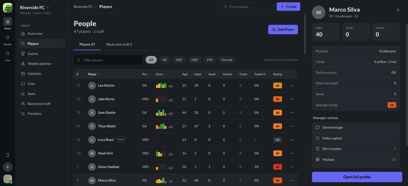 The Scouty desktop app: a squad's players list with a player's profile open